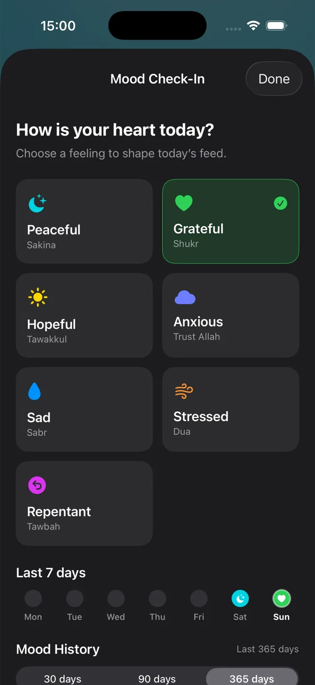 Mood check-in with choices including peaceful, grateful, hopeful, anxious, sad, and stressed